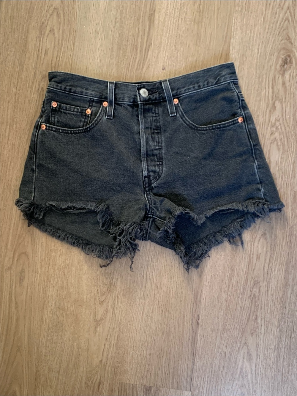 Levi’s 501 Original Fit High Rise Cut Off Denim Shorts Black Button Fly Jeans 26